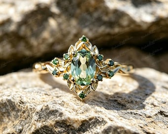 Vintage Gold Plated Copper Vine Ring, Oval Lab Created Green Amethyst, Emerald Accent Woodland Engagement Ring