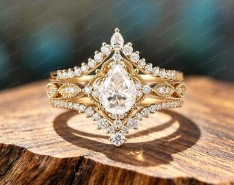 Vintage Crown Gold Plated Copper 3pcs Ring Set, Pear Lab Created Moissanite Bridal Stacking Ring, Halo Wedding Engagement Ring for Women