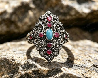 Victorian Oxidized Copper Filigree Ring, Turquoise Tone, Ruby Moissanite Accent