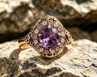 Victorian Gold Plated Copper Ring, Lab Created Amethyst Vintage Statement Ring, Ornate Pink Sapphire Accent Retro Cocktail Ring for Women