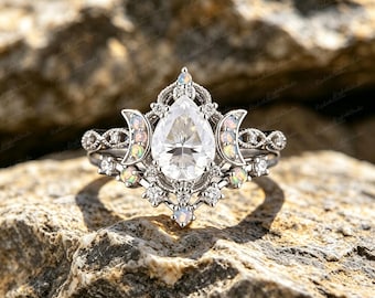 Celestial Silver Plated Copper Ring Set, Pear Lab Created Moissanite Moon Ring, Lab Created Opal Witchy Bridal Stacking Ring for Women