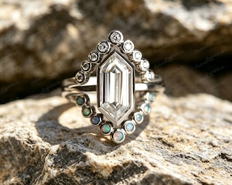 Art Deco Silver Plated Copper 3pcs Ring Set, Hexagon Kite Moissanite, Opal Accent Stacking Engagement Ring