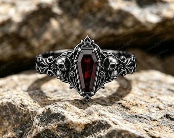 Gothic Skull Coffin Ring, Lab Created Ruby Vampire Halloween Ring, Black Spinel Accent Antique Silver Gothic Jewelry