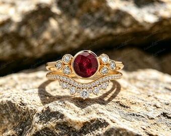 Vintage Gold Plated Copper Ruby Stacking Ring Set, Lab Created Ruby Bridal Ring, Moissanite Accent Wedding Band for Women