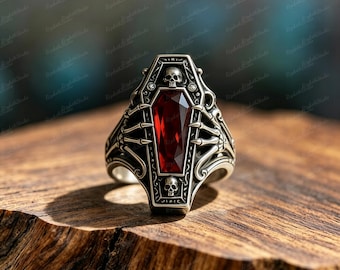 Gothic Punk Skeleton Claw Coffin Ring, Coffin Cut Lab Created Ruby Antique Silver Halloween Skull Statement Ring