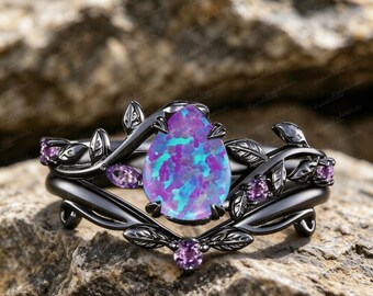 Gothic Leaf Opal Amethyst Stackable Ring Set, Black Rhodium Copper, Witchy Botanical Promise Rings
