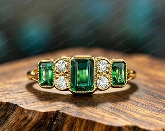 Art Deco Five-Stone Emerald Moissanite Ring, Gold Plated Copper Milgrain Band