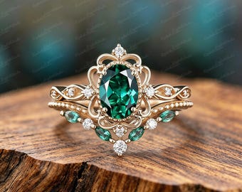 Anillo victoriano de esmeralda sintética / Anillo de compromiso ovalado de oro rosa / Anillo de promesa vintage ornamentado para ella / Regalo nupcial único para ella
