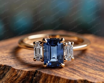 Vintage Three-Stone Blue Sapphire Moissanite Ring, Gold Plated Copper, Emerald Cut (US 6-10)