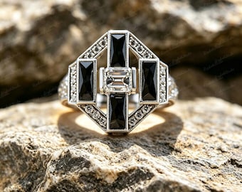 Art Deco Silver Plated Copper Ring, Lab Created Moissanite & Black Spinel Vintage Statement Ring, Retro Gothic Engagement Ring for Women