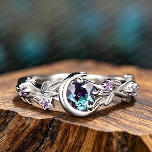Rose Gold Moon Ring | Created Alexandrite, Amethyst Boho Star Engagement Ring