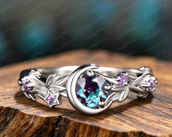 Rose Gold Moon Ring | Created Alexandrite, Amethyst Boho Star Engagement Ring
