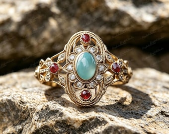 Victorian Filigree Aquamarine Tone Ring, Gold Plated Copper, Ruby Moissanite Accent