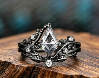 Kite Cut Moissanite Leaf Ring Set | Black Rhodium Gothic Engagement Band