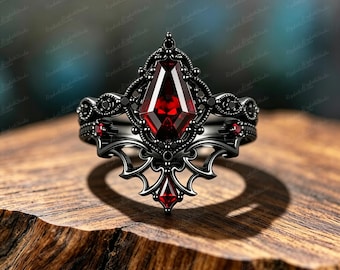 Gothic Black Rhodium Bat Ring, Kite Lab Created Ruby Halloween Witchy Vampire Engagement Ring