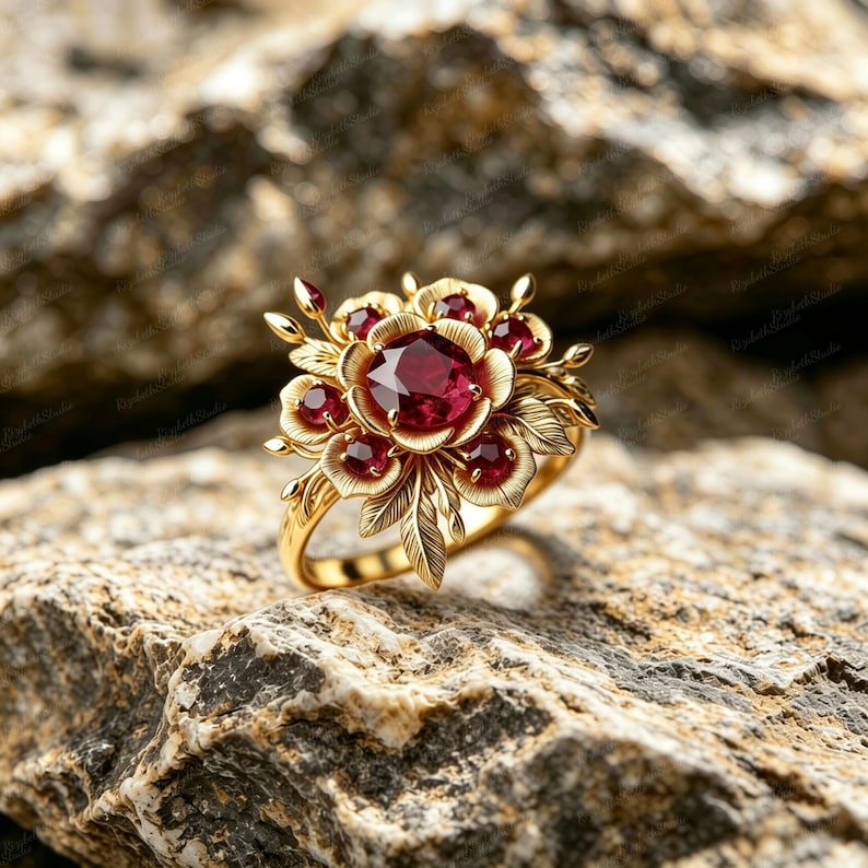 May include: A gold ring featuring a large central round-cut red gemstone surrounded by smaller red gemstones and sculpted gold leaves. The floral-inspired design showcases intricate metalwork with a polished finish and a slender gold band.