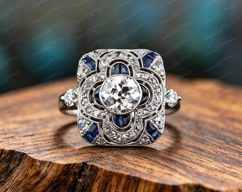 Art Deco Moissanite Sapphire Ring | Silver Statement Bridal Jewelry
