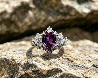 Created Amethyst Oval Ring | Art Deco White Gold Three Stone Engagement Ring