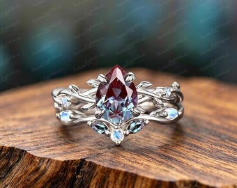 Pear Alexandrite Ring Set | Elven Nature Engagement, Moonstone Stacking Band, Silver Alloy