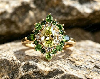 Vintage Floral Gold Plated Copper Ring, Oval Lab Created Peridot Flower Ring, Emerald Moissanite Accent Art Nouveau Jewelry