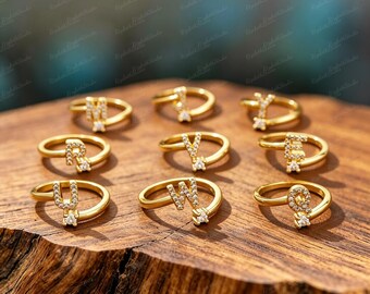 Gold Plated Pave CZ Initial Letter Ring, 26 Alphabet Open Adjustable Ring, Dainty Personalized Stackable Letter Ring for Women