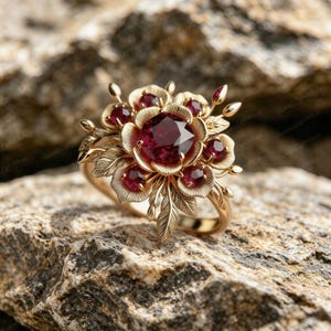 May include: A gold ring featuring a large, round, faceted deep red gemstone at the center, surrounded by smaller red stones and intricate, textured gold leaves and petals that form a floral arrangement around the central setting.