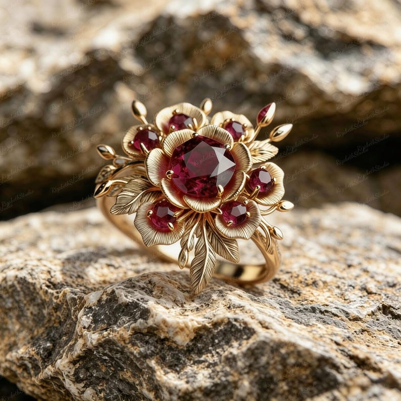 May include: A gold ring featuring a large, round, faceted deep red gemstone at the center, surrounded by smaller red stones and intricate, textured gold leaves and petals that form a floral arrangement around the central setting.