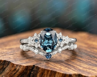 Oval London Blue Topaz Ring | Vintage Floral Art Deco Engagement Ring