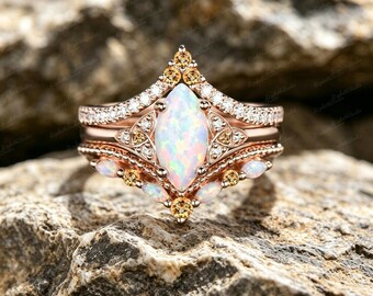 Marquise Opal Engagement Ring Set, Rose Gold Plated Sterling Silver, Boho Vintage Stacking Band