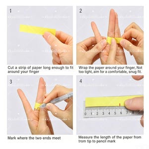 May include: A four-step instructional guide for measuring ring size using a yellow paper strip, a pen, and a ruler. The steps show cutting paper, wrapping it around a finger, marking the overlap, and measuring the length in centimeters.