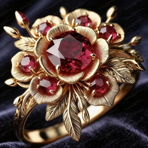 May include: A gold ring featuring a large, central, round-cut deep red gemstone surrounded by smaller red stones and textured, leaf-shaped gold petals. The design incorporates intricate metalwork with fine lines on the leaves and petals.