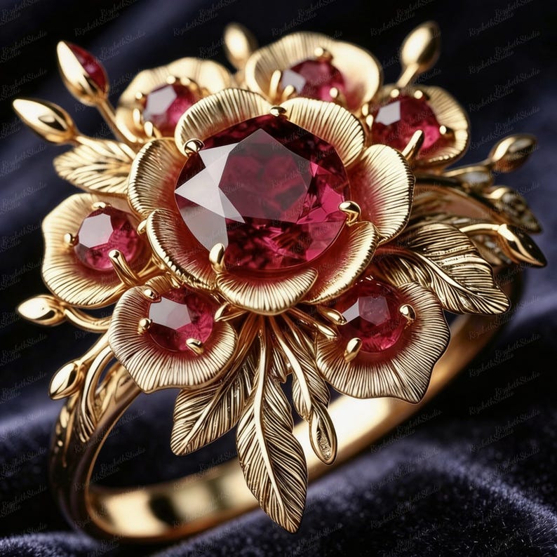 May include: A gold ring featuring a large, central, round-cut deep red gemstone surrounded by smaller red stones and textured, leaf-shaped gold petals. The design incorporates intricate metalwork with fine lines on the leaves and petals.