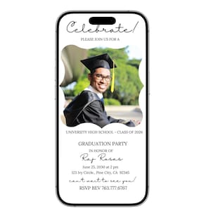 May include: A graduation party invitation displayed on a smartphone screen. The invitation features a photo of a graduate in a cap and gown, with the text "Celebrate!" and event details, including the name, date, time, and RSVP information.