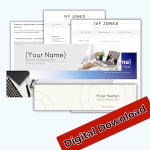 Op de afbeelding: Een verzameling cv-sjablonen en een document met de titel "Research-Backed Best Practices Account". De sjablonen bevatten secties voor naam, titel, contactgegevens en een "Over mij"-sectie. Een rode banner rechtsonder leest "Digital Download".
