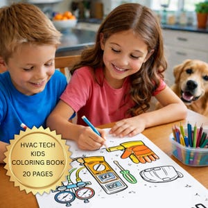 May include: Two children coloring a page from an "HVAC Tech Kids Coloring Book" with a golden retriever dog in the background. The coloring book features illustrations of HVAC tools and equipment. A container of colored pencils sits on the table.