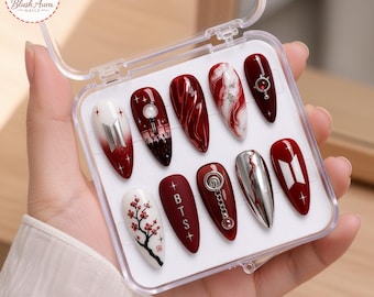 Handgemachte Kpop Press On Nails, Rot Weiß Arirang Konzert Set, BTS inspirierte Designs