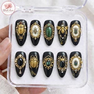 Black Almond Press On Nails: Vintage Insect Gem Set, Gothic Luxury Reusable Nails