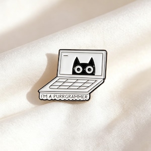 Broszka z kotem i emalią, zabawna odznaka dla programisty, uroczy dodatek „Purrgrammer” dla programistów, kobiet i mężczyzn
