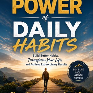 May include: A book cover titled The Power of Daily Habits by A. N. Visionary. The cover features a person walking on a path toward a sunset over mountains. Text includes Small Habits, Big Changes, Extraordinary Results, and five icons with labels.