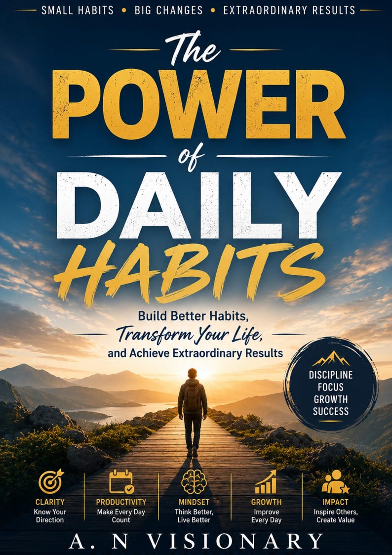 May include: A book cover titled The Power of Daily Habits by A. N. Visionary. The cover features a person walking on a path toward a sunset over mountains. Text includes Small Habits, Big Changes, Extraordinary Results, and five icons with labels.