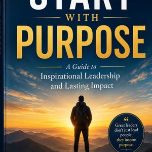 Può includere: Un libro intitolato Start With Purpose: A Guide to Inspirational Leadership and Lasting Impact di Naeem Iqbal. La copertina mostra la sagoma di una persona in piedi sulla cima di una montagna al tramonto, con una citazione sulla leadership.