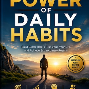May include: A book cover titled The Power of Daily Habits by A. N. Visionary. It features a person standing on a road facing a sunset over mountains. A gold seal lists Discipline, Focus, Growth, Success. Icons represent Clarity, Productivity, Mindset, Achievement.