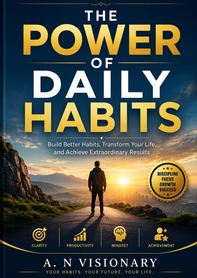 May include: A book cover titled The Power of Daily Habits by A. N. Visionary. It features a person standing on a road facing a sunset over mountains. A gold seal lists Discipline, Focus, Growth, Success. Icons represent Clarity, Productivity, Mindset, Achievement.