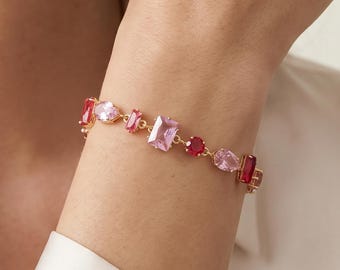 18K Gold Filled Pink red CZ Bracelet, Pink Zircon Gemstone Bracelet, Mixed Cut Link Bracelet, Dainty Pink Gold Bracelet, Elegant Jewelry