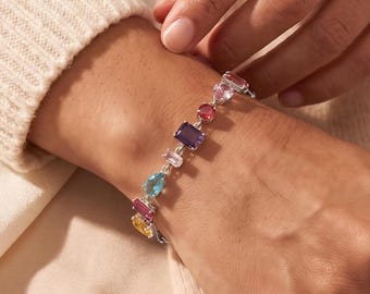 18K Gold Filled Colorful CZ Bracelet, Multicolor Zircon Link Bracelet, Mixed Shape Gemstone Bracelet, Dainty Elegant Bracelet