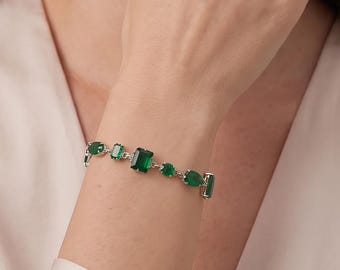 18K Gold Filled Green CZ Bracelet, Emerald Green Zircon Gemstone Bracelet, Mixed Cut  Link Bracelet, Dainty Gold Bracelet, Elegant Jewelry