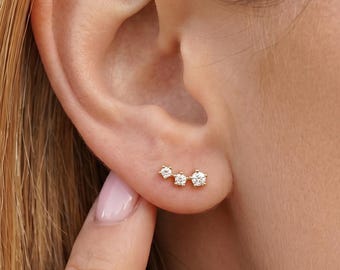 18K Gold Filled Triple Zircon Stud Earrings Minimal 3 Stone CZ Ear Studs Dainty Everyday Jewelry Gift for Her