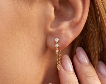 Boucles d'oreilles pendantes chaîne en or 18 carats, boucles d'oreilles pendantes CZ, boucles d'oreilles minimalistes délicates enfile-chaîne, cadeau pour elle