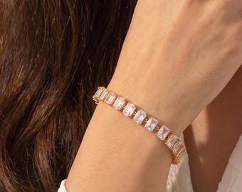 18K Gold Filled Rectangular Zircon Link Bracelet, Clear Gemstone Chain Bracelet, Sparkling Dainty Bracelet, Elegant Luxury Jewelry