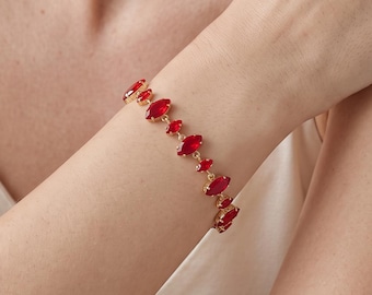18K Gold Filled Red Marquise CZ Bracelet, Red Zircon Link Bracelet, Ruby Color Gemstone Bracelet, Elegant Sparkling Dainty Bracelet